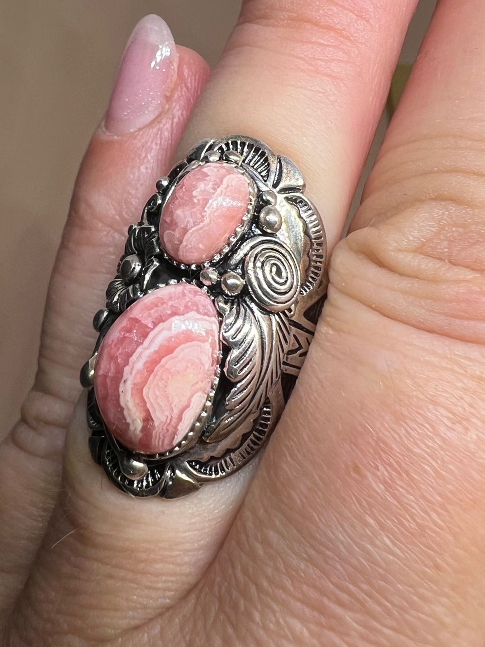Sterling Silver Pink Rhodochrosite Statement BBJ Ring